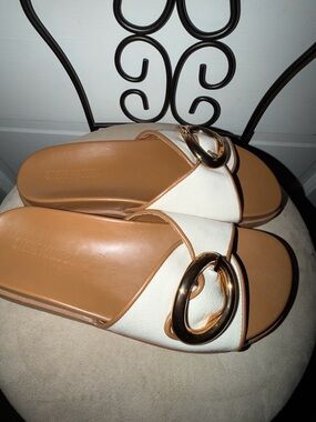 Steve Madden Tan Footbed Cream Upper Slide Sandals with Gold Ring